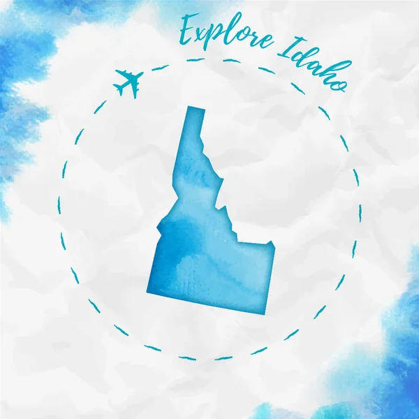 Idaho watercolor us state map in turquoise colors Explore Idaho poster with airplane trace and