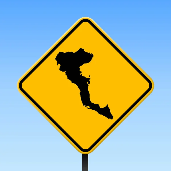 Corfu kaart op weg ondertekenen vierkante poster met Corfu eiland kaart op de gele rhomb verkeersbord Vector — Stockvector