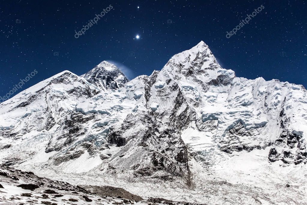 Everest mountain panoramic view on a starry night Beautiful night mountain landscape under bright