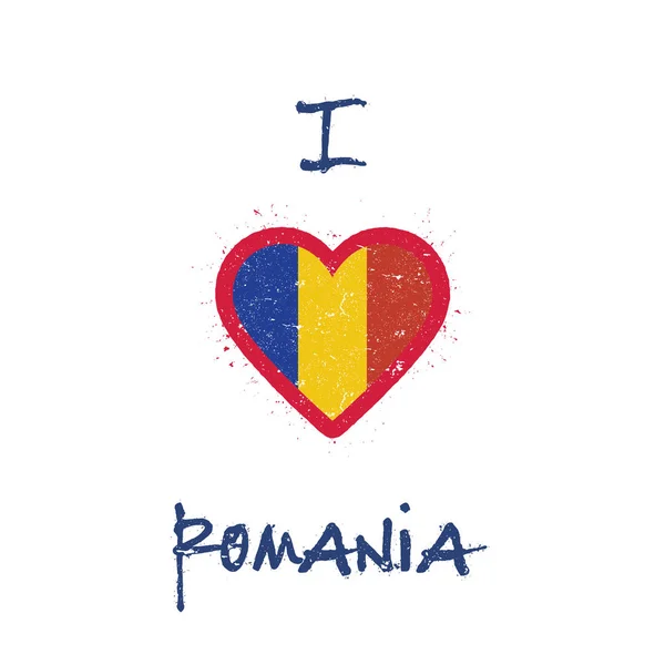 Μου αρέσει το σχεδιασμό tshirt Ρουμανία ρουμανική σημαία στο σχήμα της καρδιάς σε άσπρο φόντο Grunge — Διανυσματικό Αρχείο
