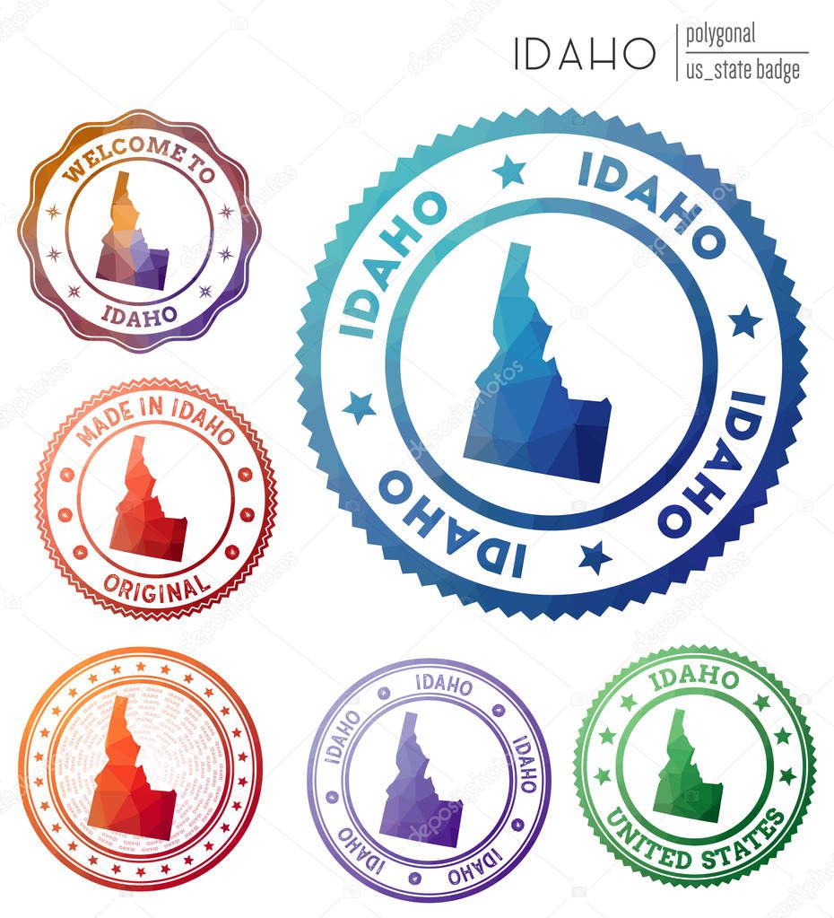 Idaho badge. Colorful polygonal us state symbol. Multicolored geometric Idaho logos set. Vector illustration.