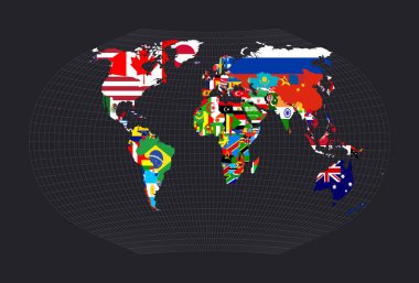Dünyanın flagsofallcountries haritası Ginzburg V projeksiyon haritası üzerinde meridyenler