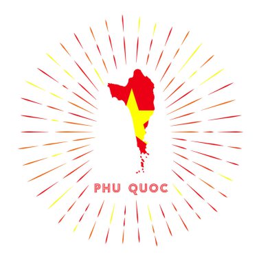 Phu Quoc güneş patlaması rozeti üzerinde Phu Quoc haritası ve Vietnam bayrağı renkli ışınlar olan ada işareti.