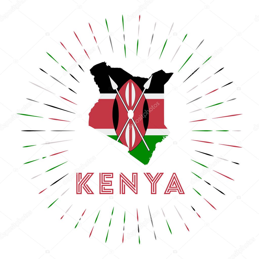 Kenya sunburst badge. The country sign with map of Kenya with Kenyan flag. Colorful rays around the logo. Vector illustration.