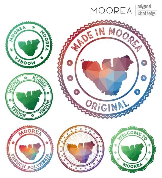 Moorea badge Kleurrijk veelhoekig eilandsymbool Veelkleurig geometrisch Moorea logo set Vector — Stockvector