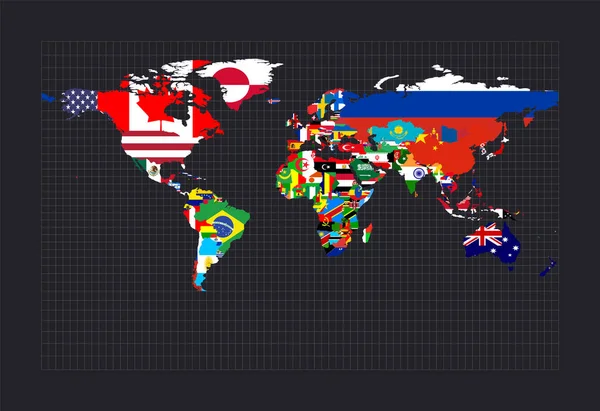 Världskarta med flaggor Cylindrisk stereografisk projektion Karta över världen med meridianer på mörker — Stock vektor