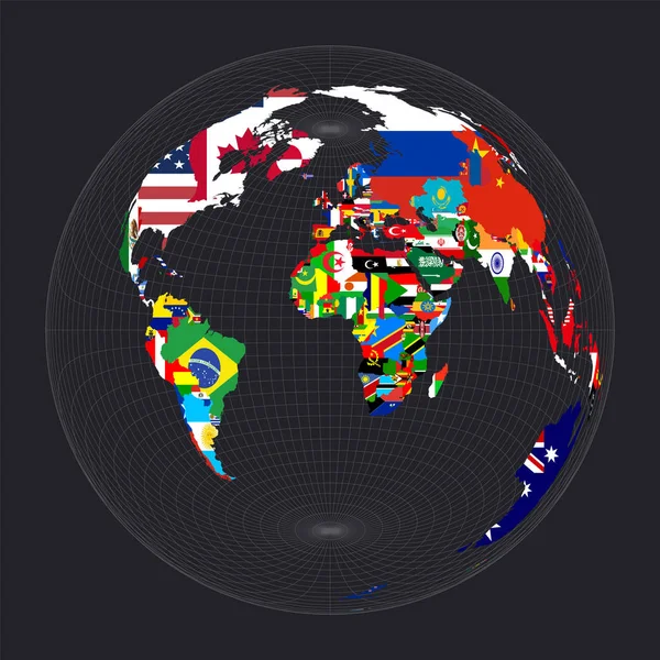 Mapa del mundo con banderas Lambert azimuthal equalarea proyección Mapa del mundo con meridianos en — Vector de stock