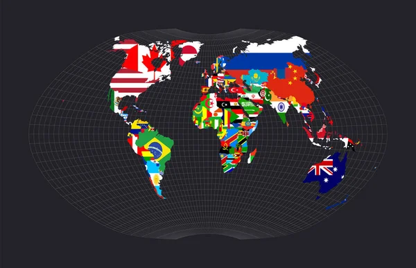 Worldmapwith bandeiras de cada país Ginzburg IV projeção Mapa do mundo com meridianos no escuro — Vetor de Stock