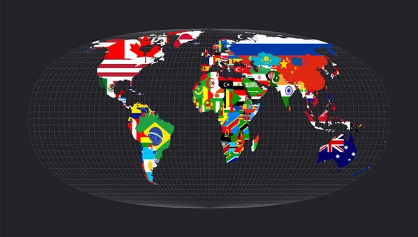 World Flag Map Waldo R Toblers hyperelliptisk projektion Karta över världen med meridianer på — Stock vektor