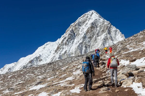 Grupo de excursionistas que suben a Kala Patthar el punto de vista del monte Everest con el pico Pumori en el — Foto de Stock