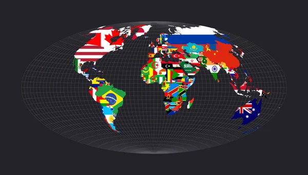 Mapa da Bandeira Mundial Projeção de martelo Mapa do mundo com meridianos sobre fundo escuro Vetor — Vetor de Stock