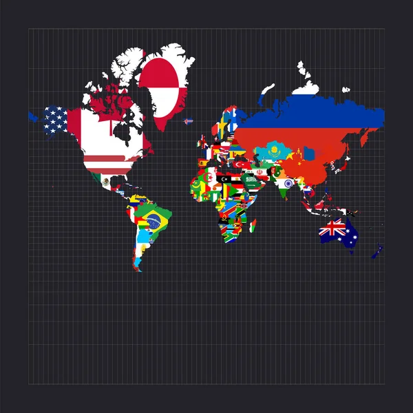 Világ térkép zászlókkal GömbMercator vetítés A világ térképe meridiánokkal a sötétben — Stock Vector