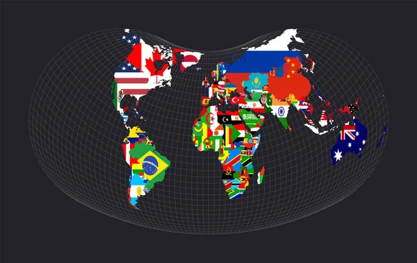 Weltkarte mit allen Ländern und ihren Flaggen hügeln euzyklische Projektionskarte der Welt mit Meridianen auf — Stockvektor
