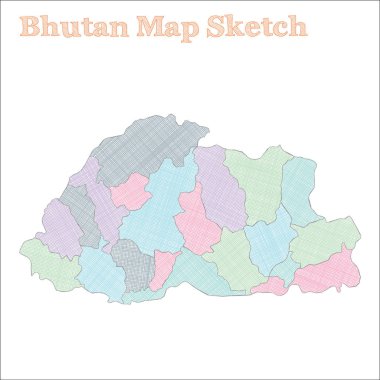 Butan Haritası Elle Çizilmiş Ülke Bölgeler Vektör illüstrasyonlu Hoş, kabataslak Bhutan haritası