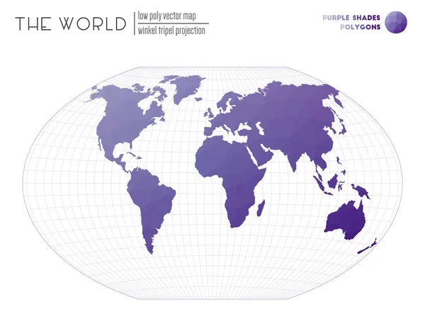 Mappa del mondo poligonale Winkel tripel proiezione del mondo Tonalità Viola poligoni colorati — Vettoriale Stock