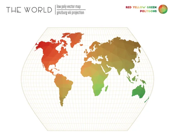 Abstract wereldkaart Ginzburg Viii projectie van de wereld Rood Geel Groen gekleurde polygonen — Stockvector