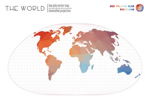 Mapa do mundo com triângulos vibrantes Projecção loximutal do mundo Vermelho Amarelo Azul colorido — Vetor de Stock