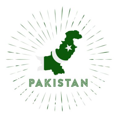 Pakistan güneş patlaması rozeti. Pakistan haritası ve Pakistan bayrağı renkli ışınlar.