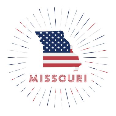 Missouri güneş patlaması rozeti. Missouri haritasıyla Amerikan bayrağının rengarenk ışınları.