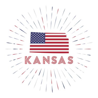 Kansas güneş patlaması rozeti Amerika Birleşik Devletleri işareti Kansas haritası ve etrafında Amerikan bayraklı ışınlar