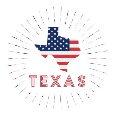 Teksas güneş patlaması rozeti Amerikan bayrağının rengarenk ışıklarıyla Teksas haritası.