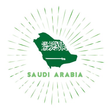 Suudi Arabistan güneş patlaması rozeti. Suudi Arabistan haritası ve Suudi Arabistan bayrağı.