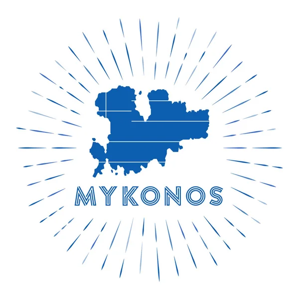 Mykonos sunburst badge El letrero de la isla con mapa de Mykonos con bandera griega Rayos de colores alrededor — Vector de stock