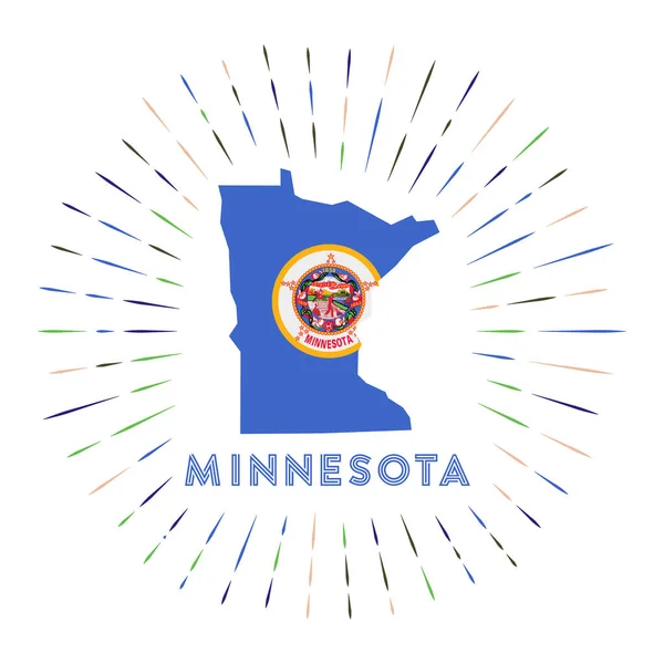 Insígnia do sunburst de Minnesota O sinal do estado dos EUA com mapa de Minnesota com bandeira do estado Raios coloridos — Vetor de Stock