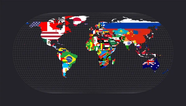 दुनिया के ध्वजसमूहों के साथ नक्शा दुनिया का एकर्ट III प्रक्षेपण नक्शा मेरिडियन के साथ — स्टॉक वेक्टर