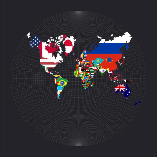 世界地图与所有国家和它们的国旗拉格朗日共形投影 — 图库矢量图片