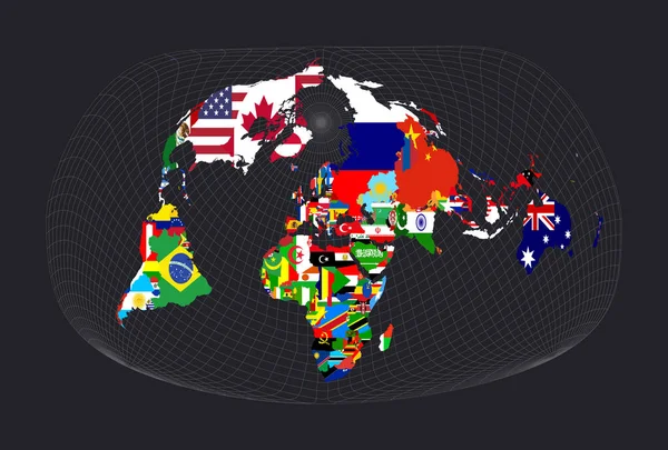 Weltflaggenkarte jacques bertins 1953 Projektionskarte der Welt mit Meridianen auf dunklem Hintergrund — Stockvektor