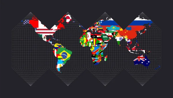 Världskarta med flaggor Hälsosam projektion Karta över världen med meridianer på mörk bakgrund Vektor — Stock vektor