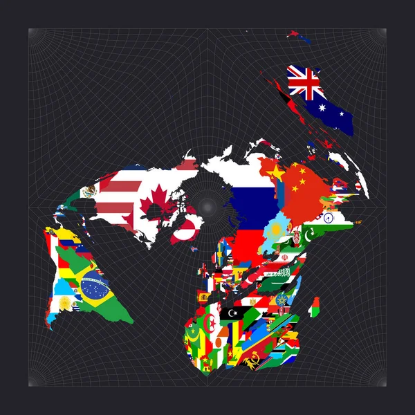 Världskarta med flaggor från varje land Gringorten kvadrat lika areal projektion Karta över världen med — Stock vektor