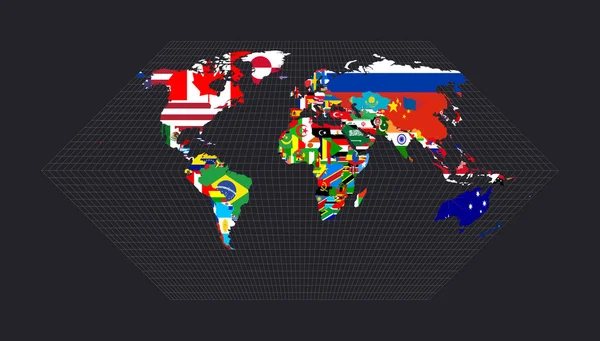 Worldmapwithallcountries and their flags Eckert I projection Mapa světa s poledníky na tmě — Stockový vektor