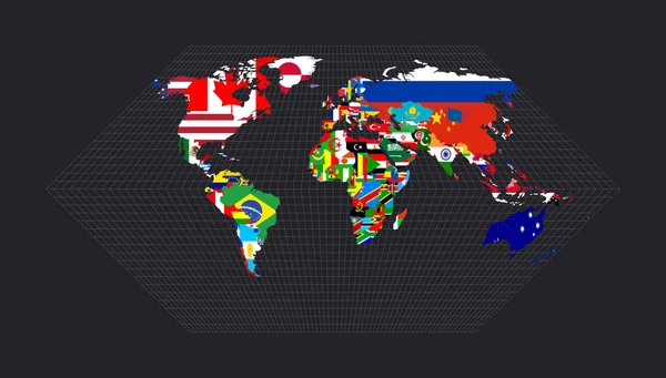 Världskarta med alla länder och deras flaggor Eckert I projektion Karta över världen med meridianer på mörker — Stock vektor