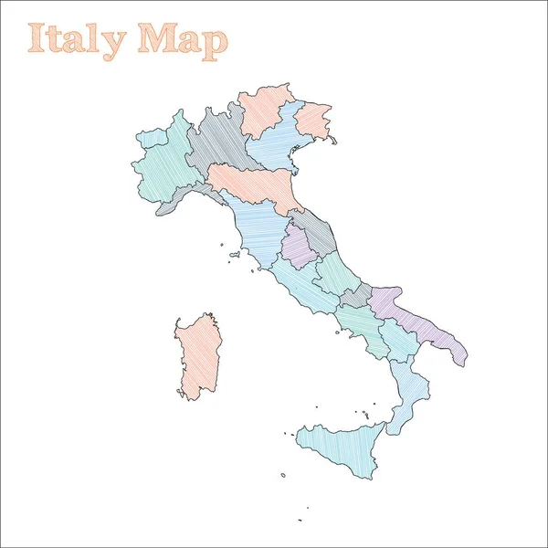 Włochy ręcznie narysowana mapa Kolorowy szkic kraju Mesmeric Włochy mapa z prowincjami Vector — Wektor stockowy