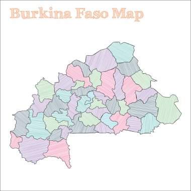 Burkina Faso 'nun el çizimi haritası. Renkli, baştan savma bir ülke. Güzel Burkina Faso haritası.
