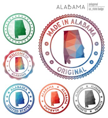 Alabama rozeti. Renkli çokgen ABD sembolü. Çok renkli Alabama logoları seti. Vektör illüstrasyonu.