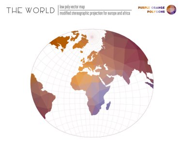 Dünyanın çokgen haritası. Avrupa ve Afrika için modifiye edilmiş stereografik projeksiyon. Mor Turuncu renkli çokgenler. Müthiş vektör illüstrasyonu.
