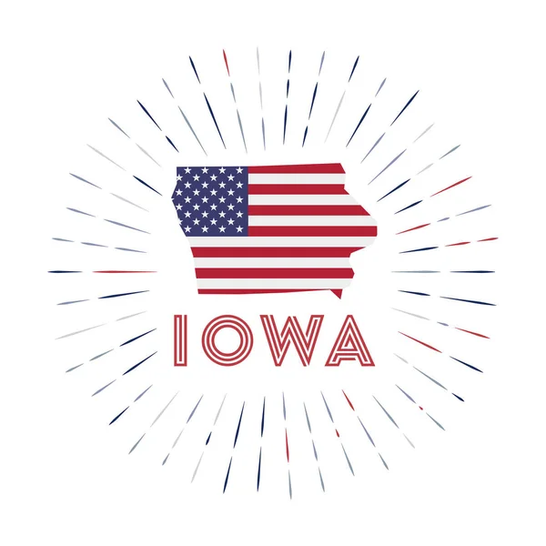 アイオワ州サンバーストバッジアメリカの旗を持つアイオワ州の地図と米国の州の標識 ロゴの周りにカラフルな光線 ベクターイラスト — ストックベクタ