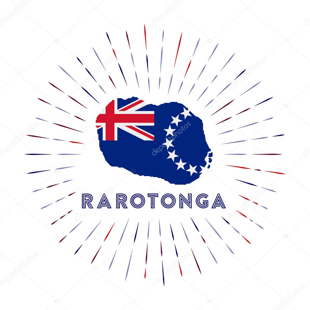 Rarotonga sunburst badge. The island sign with map of Rarotonga with Cook Islander flag. Colorful rays around the logo. Vector illustration.