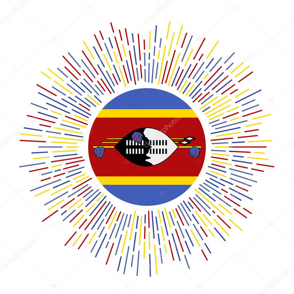 Eswatini sign. Country flag with colorful rays. Radiant sunburst with Eswatini flag. Vector illustration.