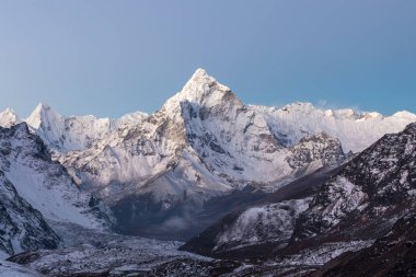 Himalayan scenery of mountain Ama Dablam summit. Classic photo.