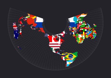 Dünyanın flagsofallds ülkelerinin haritası Albers 'ın dünyanın konik projeksiyon haritası