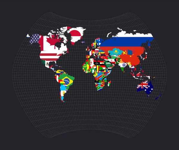 Mapa do mundocom bandeiras de cada país Mapa de projeção de Larrivee do mundo com meridianos no escuro —  Vetores de Stock