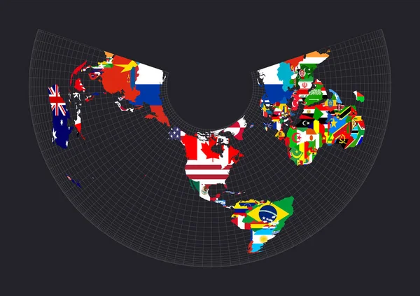 Karta med flaggor av alla länder i världen Albers lika areal konisk projektion Karta över världen med — Stock vektor