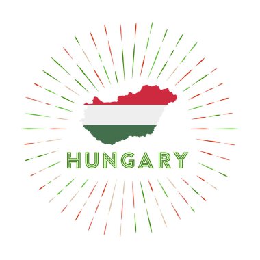 Macaristan güneş kremi rozeti. Ülke Macaristan haritasıyla Macar bayrağını imzaladı. Logonun etrafına renkli ışınlar. Vektör illüstrasyonu.