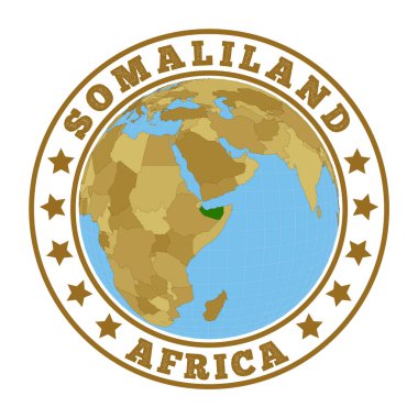 Somaliland logosu. Dünya bağlamında Somaliland haritası olan ülkenin yuvarlak rozeti. Üzerinde dünya haritası ve yuvarlak metin olan ülke etiketi. Vektör illüstrasyonu.