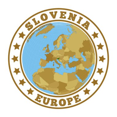 Slovenya logosu. Slovenya haritası dünya bağlamında ülkenin yuvarlak rozeti. Üzerinde dünya haritası ve yuvarlak metin olan ülke etiketi. Vektör illüstrasyonu.