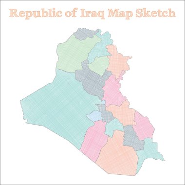Irak Cumhuriyeti haritası. Elle çizilmiş bir ülke. Bölgeli görkemli Irak Cumhuriyeti haritası. Vektör illüstrasyonu.